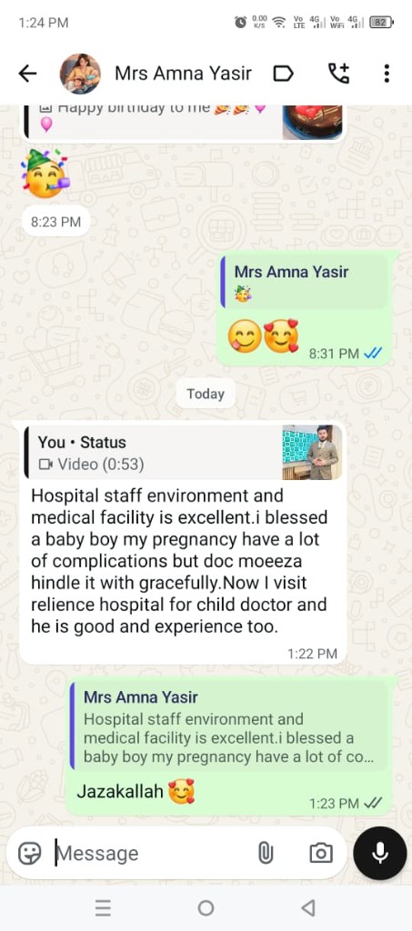 WhatsApp review from Mrs Amna Yasir about delivery care and pediatric follow-up at Reliance Hospital